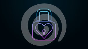 Glowing neon line Lock and heart icon isolated on black background. Locked Heart. Love symbol and keyhole sign