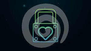 Glowing neon line Lock and heart icon isolated on black background. Locked Heart. Love symbol and keyhole sign