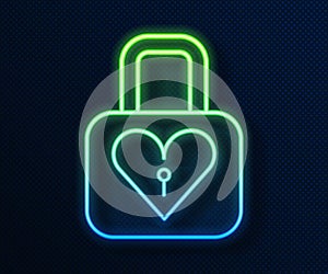 Glowing neon line Lock and heart icon isolated on blue background. Locked Heart. Love symbol and keyhole sign