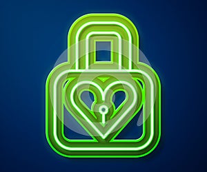 Glowing neon line Lock and heart icon isolated on blue background. Locked Heart. Love symbol and keyhole sign