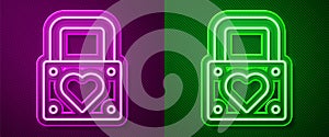 Glowing neon line Lock and heart icon isolated on purple and green background. Locked Heart. Love symbol and keyhole