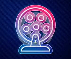 Glowing neon line Lottery machine with lottery balls inside icon isolated on blue background. Lotto bingo game of luck