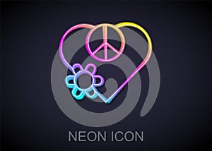 Glowing neon line Love peace icon isolated on black background. Hippie symbol of peace. Vector