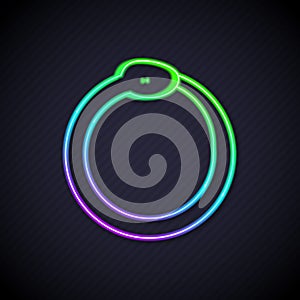 Glowing neon line Magic symbol of Ouroboros icon isolated on black background. Snake biting its own tail. Animal and