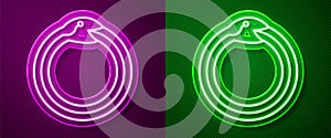 Glowing neon line Magic symbol of Ouroboros icon isolated on purple and green background. Snake biting its own tail