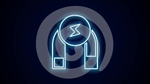 Glowing neon line Magnet icon isolated on black background. Horseshoe magnet, magnetism, magnetize, attraction. 4K Video