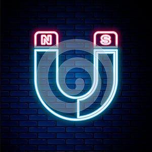 Glowing neon line Magnet icon isolated on brick wall background. Horseshoe magnet, magnetism, magnetize, attraction sign