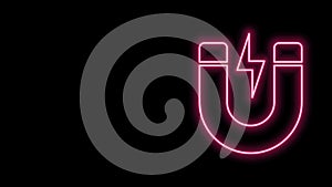 Glowing neon line Magnet with lightning icon isolated on black background. Horseshoe magnet, magnetism, magnetize