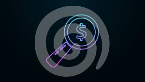 Glowing neon line Magnifying glass and dollar icon isolated on black background. Find money. Looking for money. 4K Video