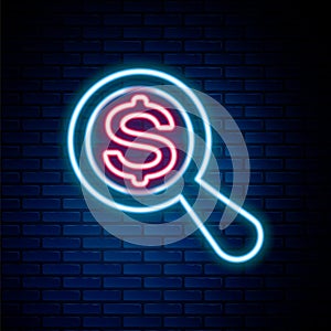 Glowing neon line Magnifying glass and dollar icon isolated on brick wall background. Find money. Looking for money