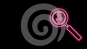 Glowing neon line Magnifying glass and dollar symbol icon isolated on black background. Find money. Looking for money