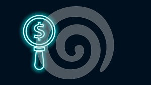 Glowing neon line Magnifying glass and dollar symbol icon isolated on black background. Find money. Looking for money