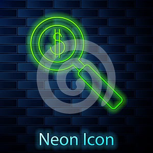 Glowing neon line Magnifying glass and dollar symbol icon isolated on brick wall background. Find money. Looking for