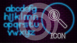 Glowing neon line Magnifying glass and dollar symbol icon isolated on brick wall background. Find money. Looking for