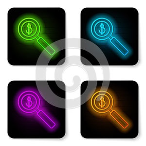 Glowing neon line Magnifying glass and dollar symbol icon isolated on white background. Find money. Looking for money