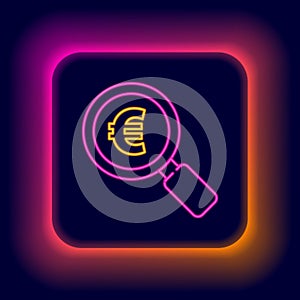 Glowing neon line Magnifying glass and euro symbol icon isolated on black background. Find money. Looking for money
