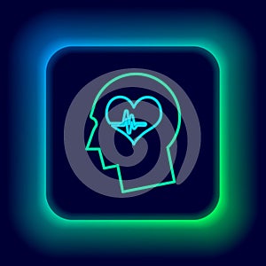 Glowing neon line Male head with a heartbeat icon isolated on black background. Head with mental health, healthcare and
