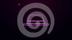 Glowing neon line Man hat with ribbon icon isolated on purple background. 4K Video motion graphic animation