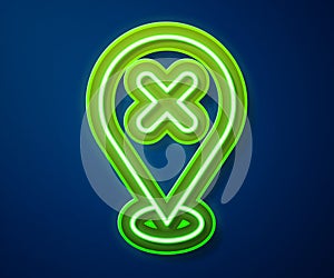 Glowing neon line Map pin with cross mark icon isolated on blue background. Navigation, pointer, location, map, gps