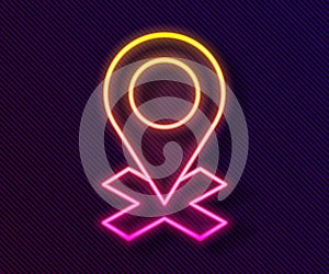 Glowing neon line Map pin icon isolated on black background. Navigation, pointer, location, map, gps, direction, place