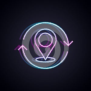 Glowing neon line Map pin icon isolated on black background. Navigation, pointer, location, map, gps, direction, search