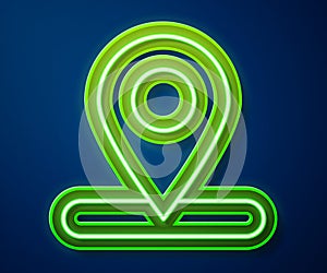 Glowing neon line Map pin icon isolated on blue background. Navigation, pointer, location, map, gps, direction, place