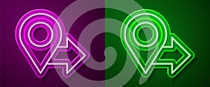 Glowing neon line Map pin icon isolated on purple and green background. Navigation, pointer, location, map, gps