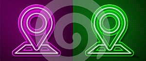 Glowing neon line Map pin icon isolated on purple and green background. Navigation, pointer, location, map, gps