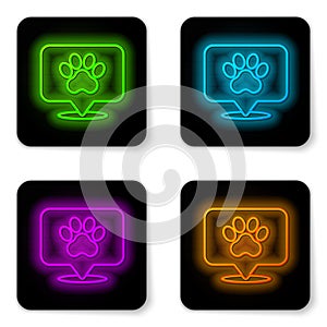 Glowing neon line Map pointer with veterinary medicine hospital, clinic or pet shop for animals icon isolated on white