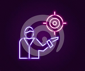 Glowing neon line Marketing target strategy concept icon isolated on black background. Aim with people sign. Colorful