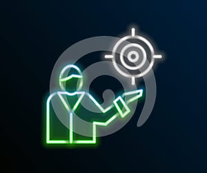 Glowing neon line Marketing target strategy concept icon isolated on black background. Aim with people sign. Colorful