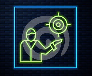 Glowing neon line Marketing target strategy concept icon isolated on brick wall background. Aim with people sign. Vector