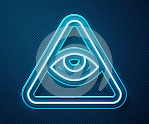 Glowing neon line Masons symbol All-seeing eye of God icon isolated on blue background. The eye of Providence in the