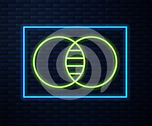 Glowing neon line Mathematics sets A and B icon isolated on brick wall background. Symmetric difference. Vector