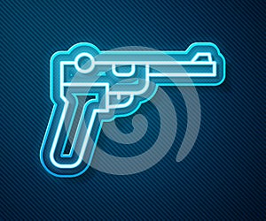 Glowing neon line Mauser gun icon isolated on blue background. Mauser C96 is a semi-automatic pistol. Vector