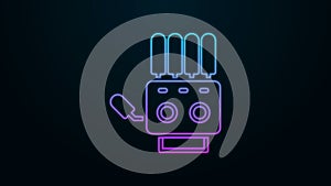 Glowing neon line Mechanical robot hand icon isolated on black background. Robotic arm symbol. Technological concept. 4K