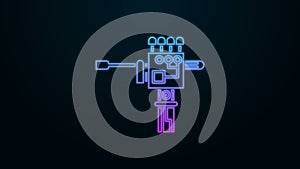 Glowing neon line Mechanical robot hand and screwdriver tool icon isolated on black background. Robotic arm symbol