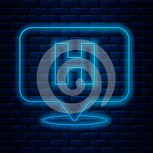 Glowing neon line Medical map pointer with cross hospital icon isolated on brick wall background. Vector