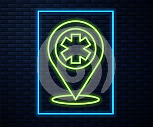 Glowing neon line Medical map pointer with cross hospital icon isolated on brick wall background. Vector Illustration.