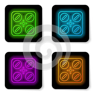 Glowing neon line Medical pills with marijuana or cannabis leaf icon isolated on white background. Mock up of cannabis