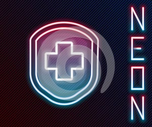 Glowing neon line Medical shield with cross icon isolated on black background. Protection, safety, password security