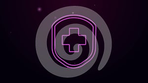 Glowing neon line Medical shield with cross icon isolated on purple background. Protection, safety, password security