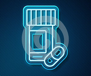 Glowing neon line Medicine bottle and pills icon isolated on blue background. Bottle pill sign. Pharmacy design. Vector