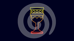 Glowing neon line Medieval goblet icon isolated on blue background. Holy grail. 4K Video motion graphic animation