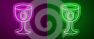 Glowing neon line Medieval goblet icon isolated on purple and green background. Holy grail. Vector