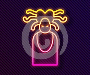 Glowing neon line Medusa Gorgon head with snakes greek icon isolated on black background. Vector