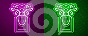 Glowing neon line Medusa Gorgon head with snakes greek icon isolated on purple and green background. Vector