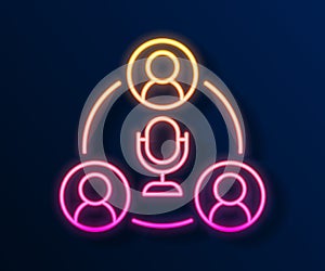 Glowing neon line Meeting icon isolated on black background. Business team meeting, discussion concept, analysis