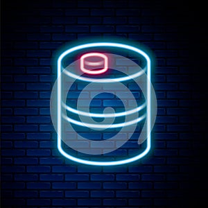 Glowing neon line Metal beer keg icon isolated on brick wall background. Colorful outline concept. Vector