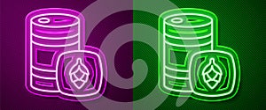 Glowing neon line Metal beer keg icon isolated on purple and green background. Vector